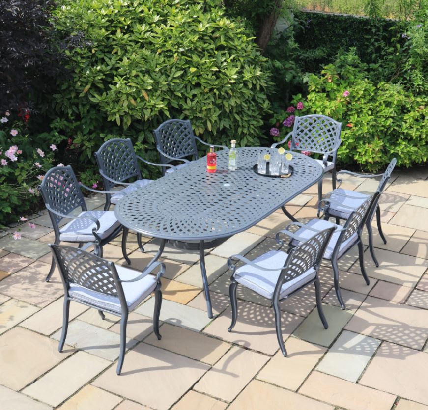 Transform Your Dining Experience with the Fitzhenry 8-Seat Set with Oval Table in Hammered Grey